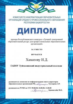 Диплом за 3 место вручается Хаматову И. Д.